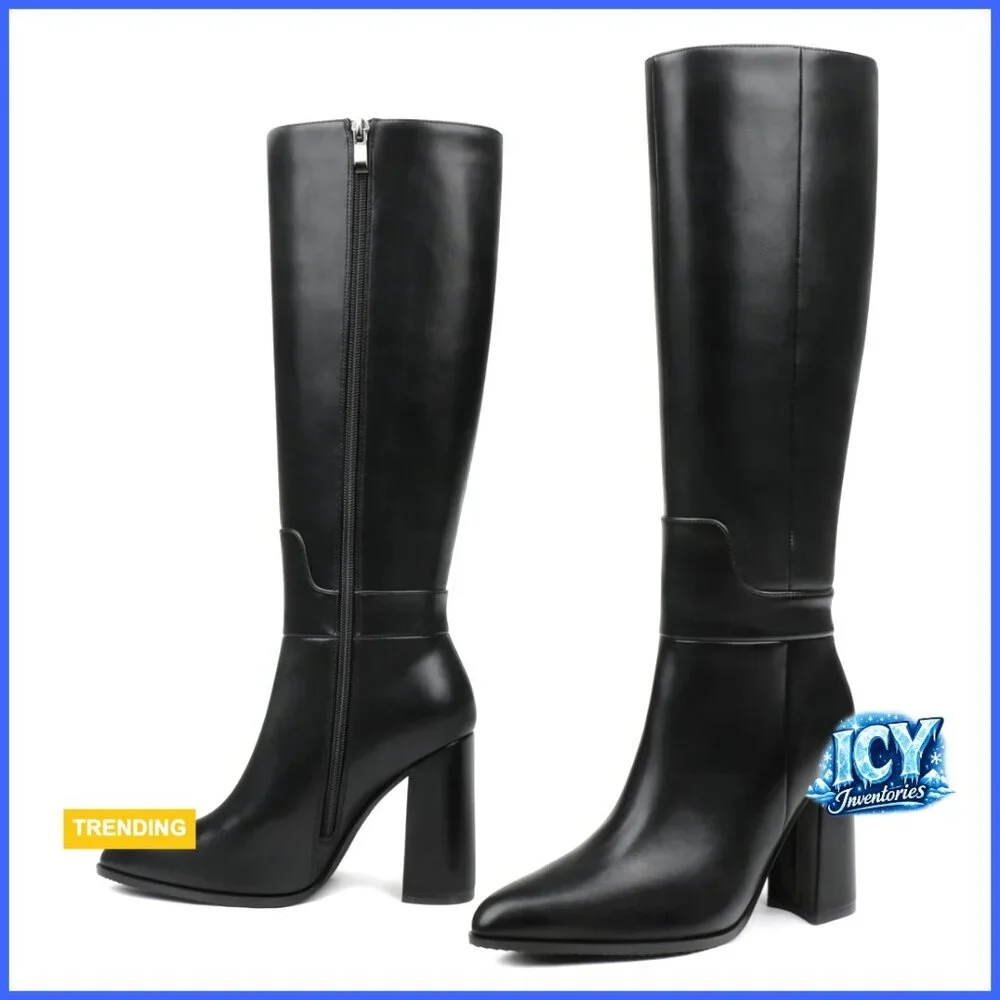 Knee High Heeled Boots with Block Heel, PU Leather, Zip Closure